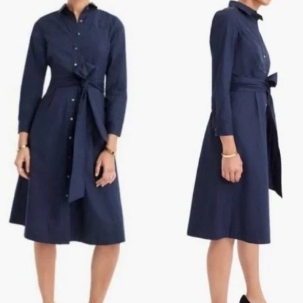 NWT J. CREW Navy Tie Waist Midi Shirtdress In Cotton Poplin - Picture 4 of 11